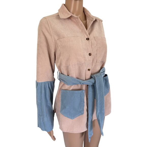 Upcycled Corduroy Shirt Shacket Colorblock Cottagecore Soft Neutral Fall Jacket - Picture 4 of 7